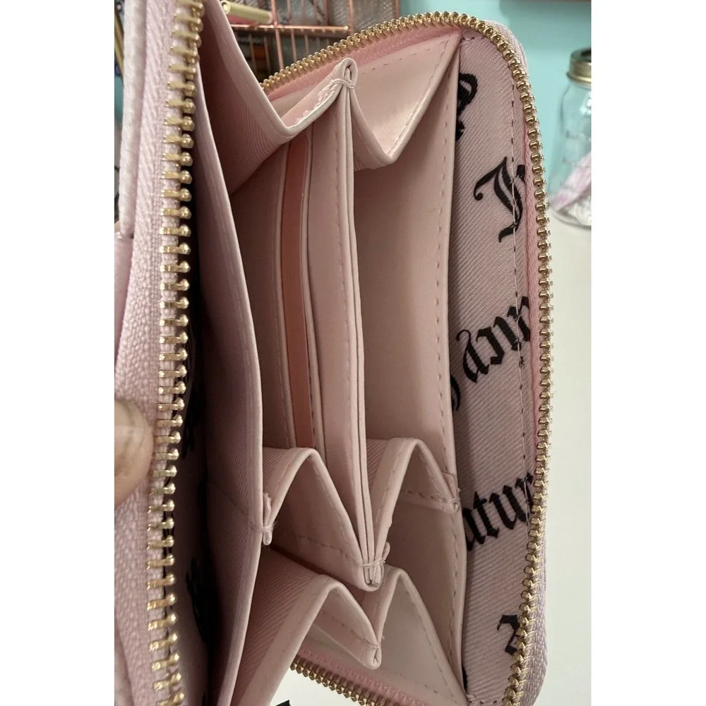 Juicy Couture Overstated Pink Gothic Logo Zip Around‎ Wallet Heart Charm NWT